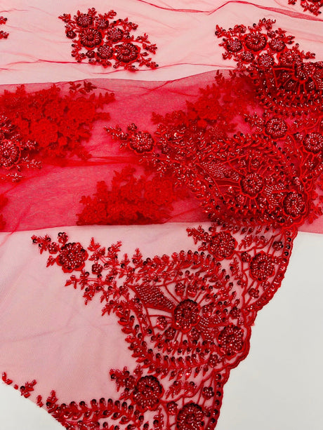 Classic Beaded Damask Lace Fabric - Beaded Damask Pattern, 54" Width (1 Yard)