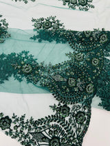 Classic Beaded Damask Lace Fabric - Beaded Damask Pattern, 54" Width (1 Yard)