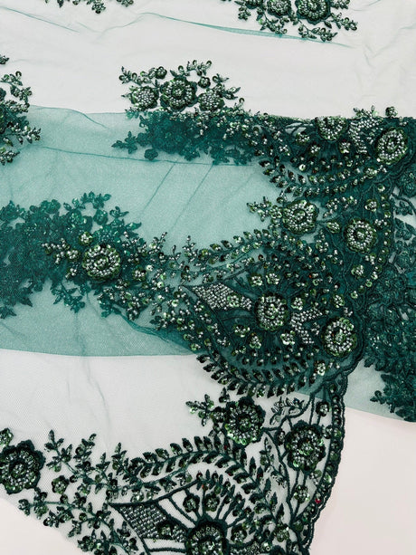 Classic Beaded Damask Lace Fabric - Beaded Damask Pattern, 54" Width (1 Yard)