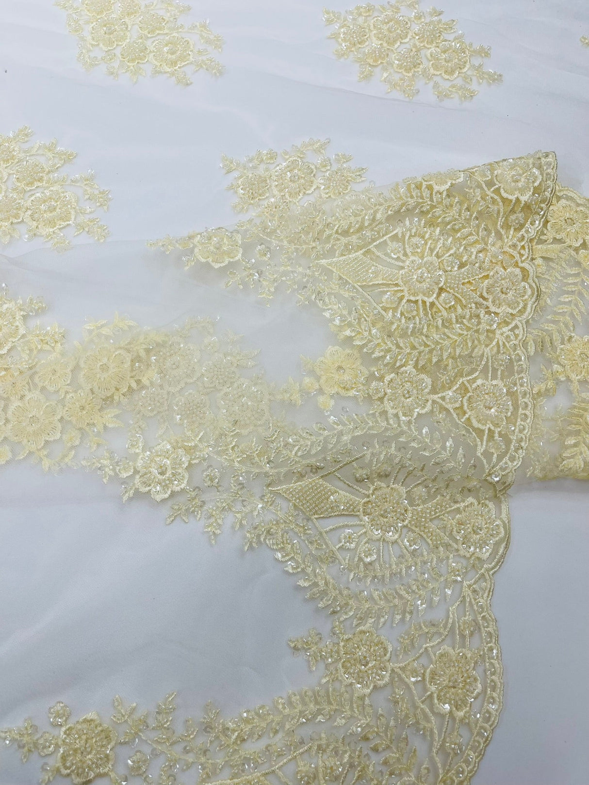 Classic Beaded Damask Lace Fabric - Beaded Damask Pattern, 54" Width (1 Yard)