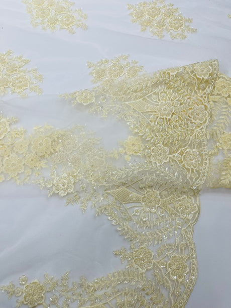 Classic Beaded Damask Lace Fabric - Beaded Damask Pattern, 54" Width (1 Yard)