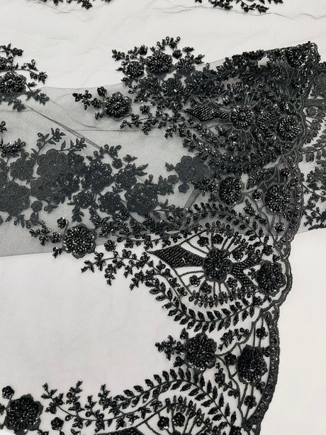Classic Beaded Damask Lace Fabric - Beaded Damask Pattern, 54" Width (1 Yard)