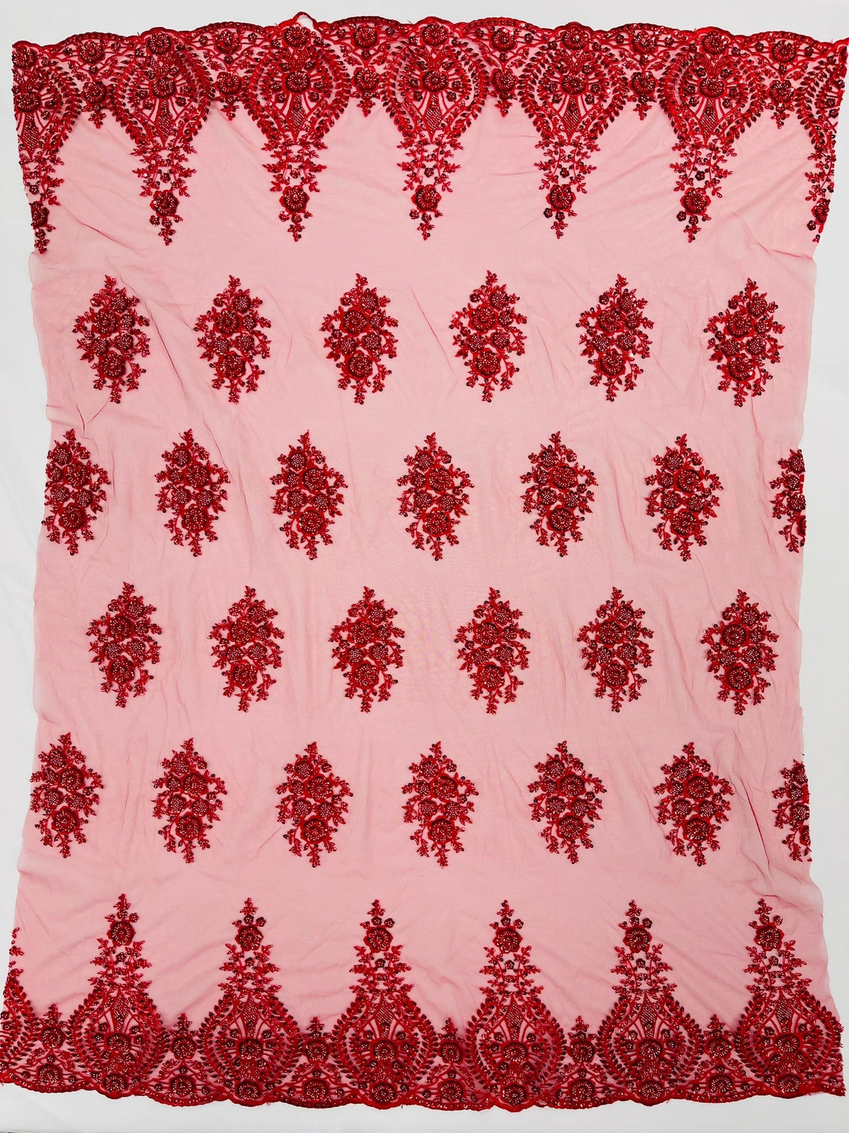 Classic Beaded Damask Lace Fabric - Beaded Damask Pattern, 54" Width (1 Yard)