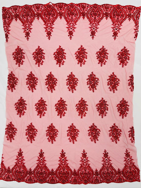 Classic Beaded Damask Lace Fabric - Beaded Damask Pattern, 54" Width (1 Yard)