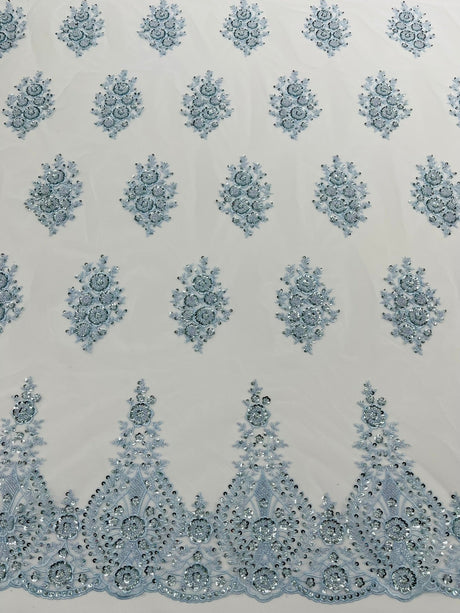 Classic Beaded Damask Lace Fabric - Beaded Damask Pattern, 54" Width (1 Yard)