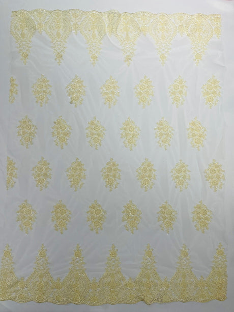 Classic Beaded Damask Lace Fabric - Beaded Damask Pattern, 54" Width (1 Yard)