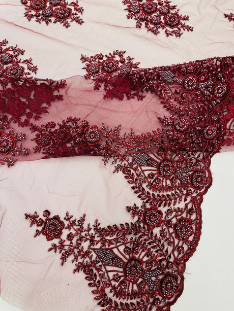 Classic Beaded Damask Lace Fabric - Beaded Damask Pattern, 54" Width (1 Yard)