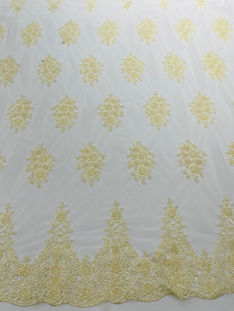 Classic Beaded Damask Lace Fabric - Beaded Damask Pattern, 54" Width (1 Yard)