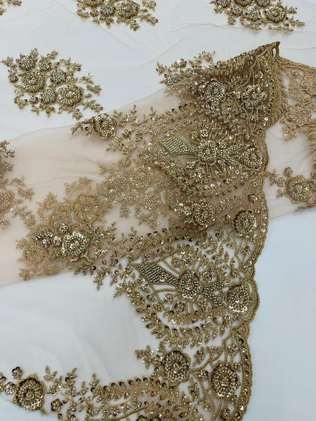 Classic Beaded Damask Lace Fabric - Beaded Damask Pattern, 54" Width (1 Yard)