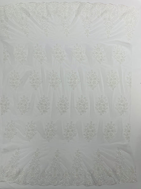 Classic Beaded Damask Lace Fabric - Beaded Damask Pattern, 54" Width (1 Yard)
