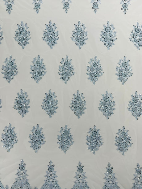 Classic Beaded Damask Lace Fabric - Beaded Damask Pattern, 54" Width (1 Yard)