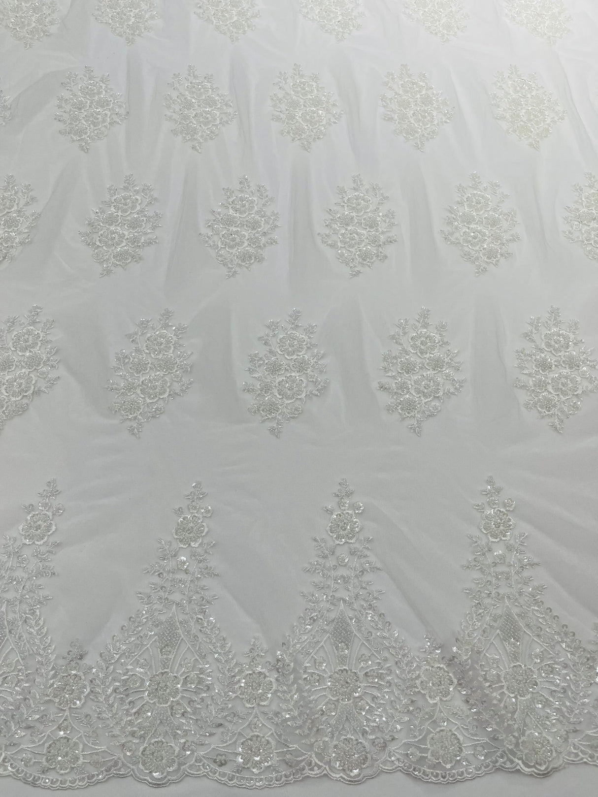 Classic Beaded Damask Lace Fabric - Beaded Damask Pattern, 54" Width (1 Yard)