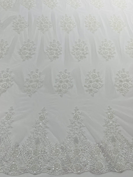 Classic Beaded Damask Lace Fabric - Beaded Damask Pattern, 54" Width (1 Yard)
