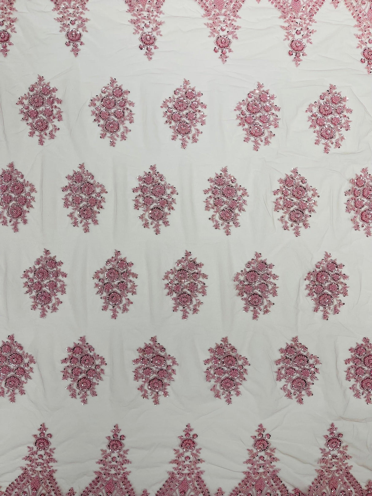 Classic Beaded Damask Lace Fabric - Beaded Damask Pattern, 54" Width (1 Yard)
