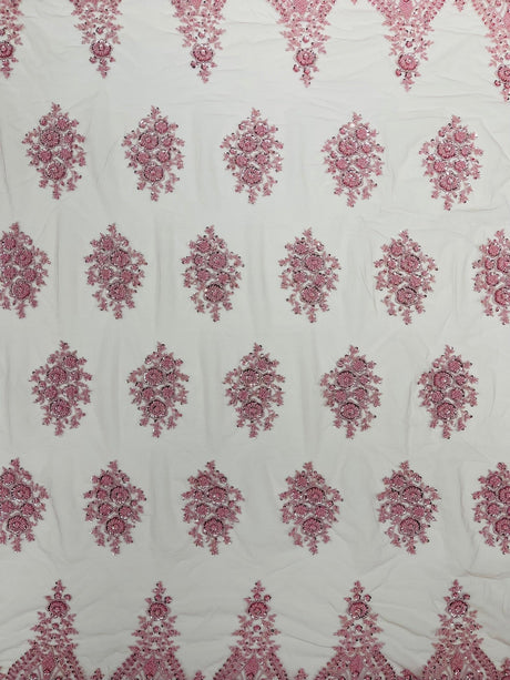 Classic Beaded Damask Lace Fabric - Beaded Damask Pattern, 54" Width (1 Yard)