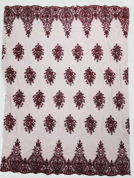 Classic Beaded Damask Lace Fabric - Beaded Damask Pattern, 54" Width (1 Yard)