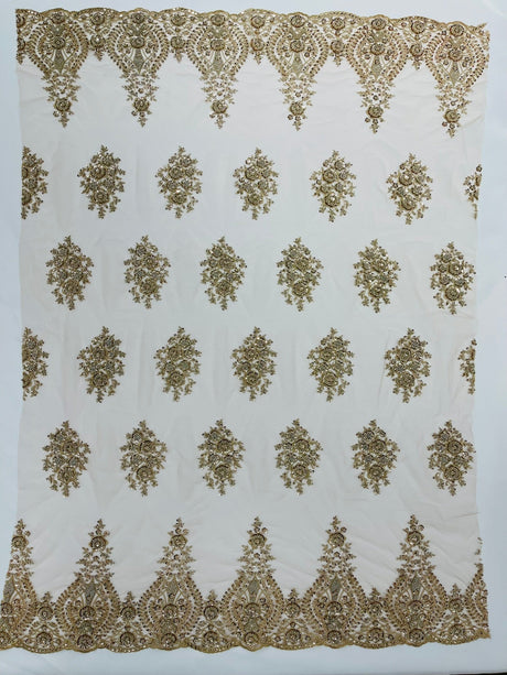 Classic Beaded Damask Lace Fabric - Beaded Damask Pattern, 54" Width (1 Yard)