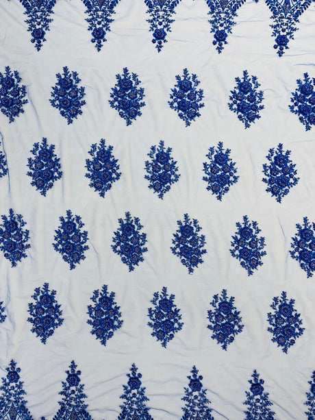 Classic Beaded Damask Lace Fabric - Beaded Damask Pattern, 54" Width (1 Yard)