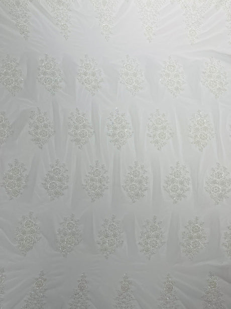 Classic Beaded Damask Lace Fabric - Beaded Damask Pattern, 54" Width (1 Yard)