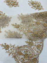 Classic Beaded Damask Lace Fabric - Beaded Damask Pattern, 54" Width (1 Yard)