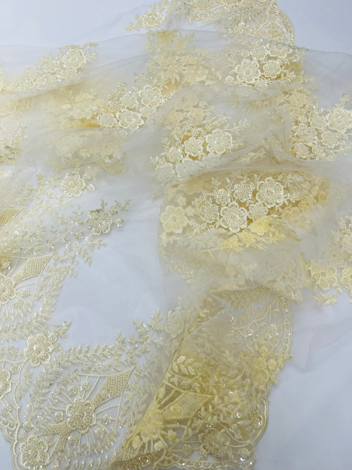Classic Beaded Damask Lace Fabric - Beaded Damask Pattern, 54" Width (1 Yard)
