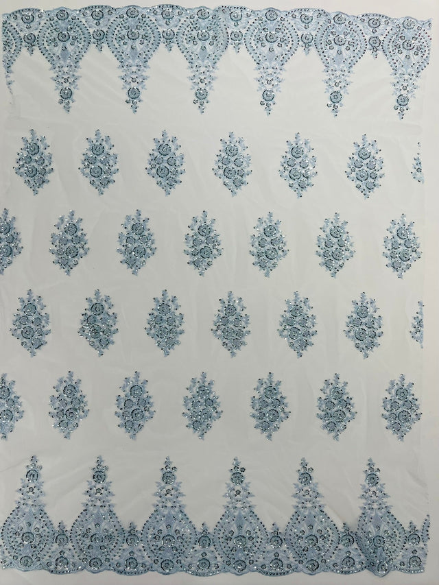 Classic Beaded Damask Lace Fabric - Beaded Damask Pattern, 54" Width (1 Yard)