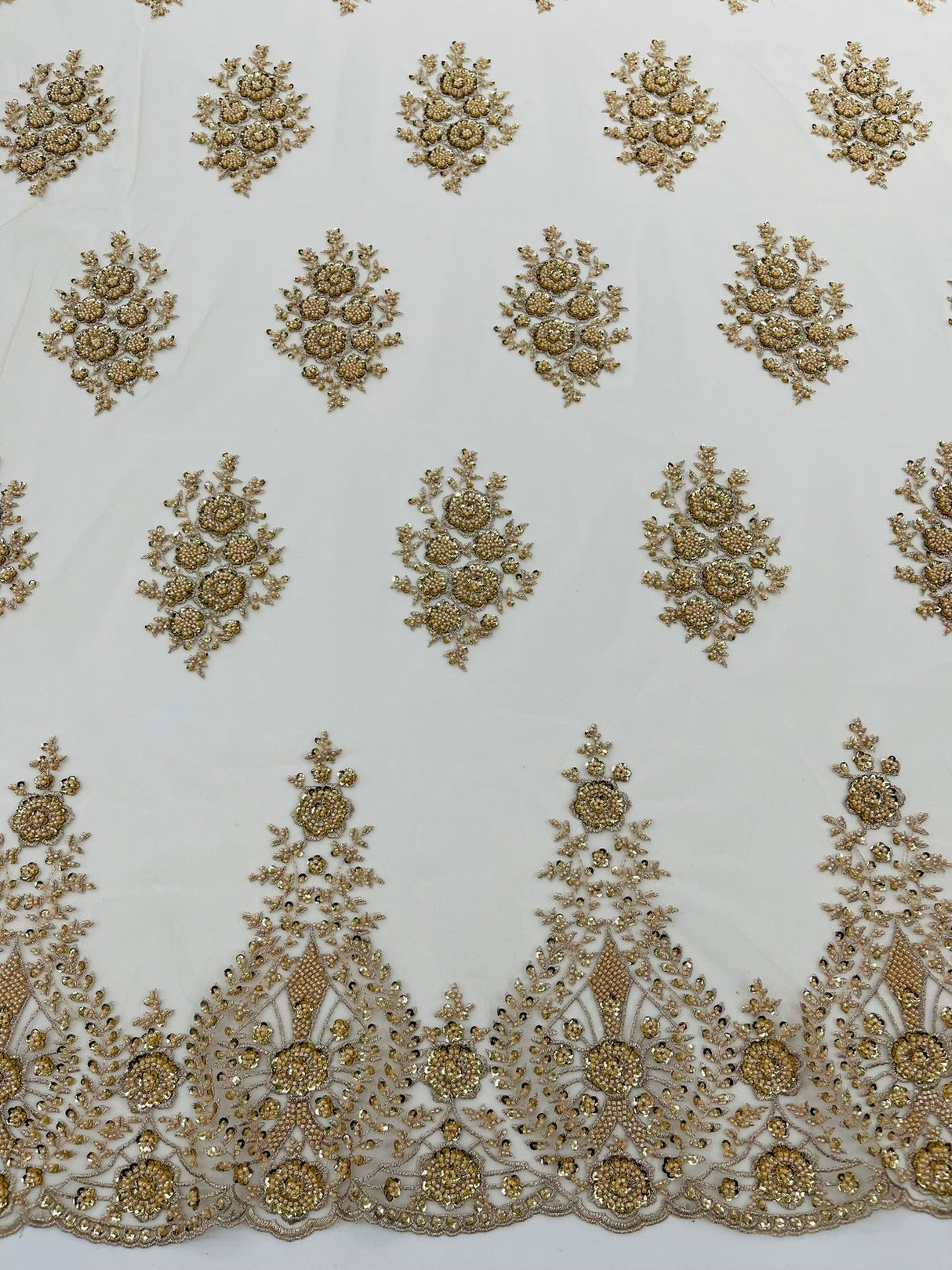 Classic Beaded Damask Lace Fabric - Beaded Damask Pattern, 54" Width (1 Yard)