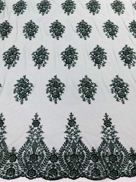 Classic Beaded Damask Lace Fabric - Beaded Damask Pattern, 54" Width (1 Yard)