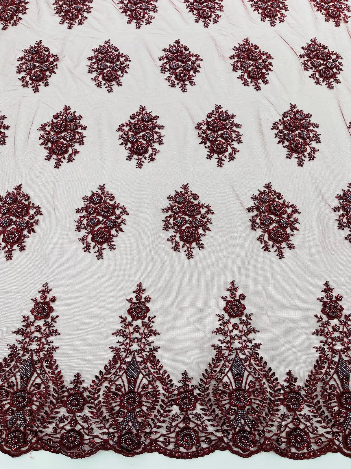Classic Beaded Damask Lace Fabric - Beaded Damask Pattern, 54" Width (1 Yard)