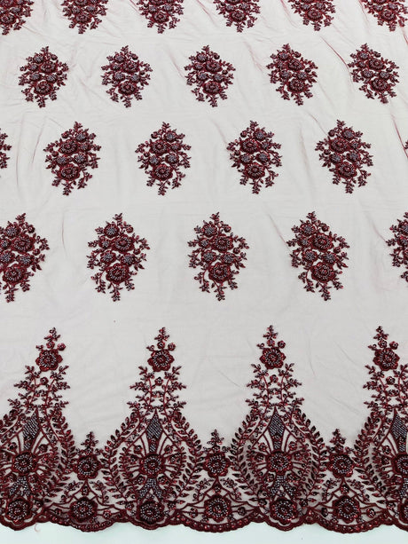 Classic Beaded Damask Lace Fabric - Beaded Damask Pattern, 54" Width (1 Yard)