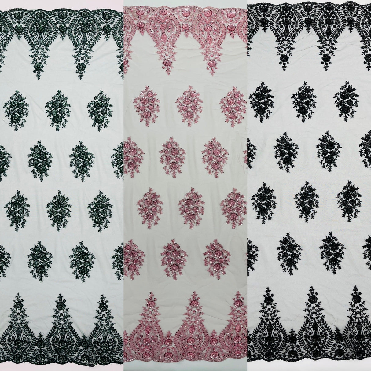 Classic Beaded Damask Lace Fabric - Beaded Damask Pattern, 54" Width (1 Yard)