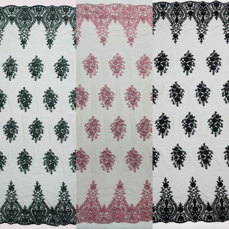 Classic Beaded Damask Lace Fabric - Beaded Damask Pattern, 54" Width (1 Yard)