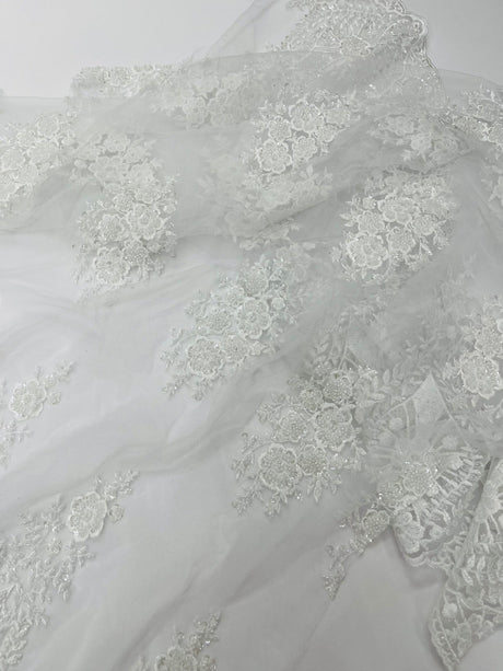 Classic Beaded Damask Lace Fabric - Beaded Damask Pattern, 54" Width (1 Yard)