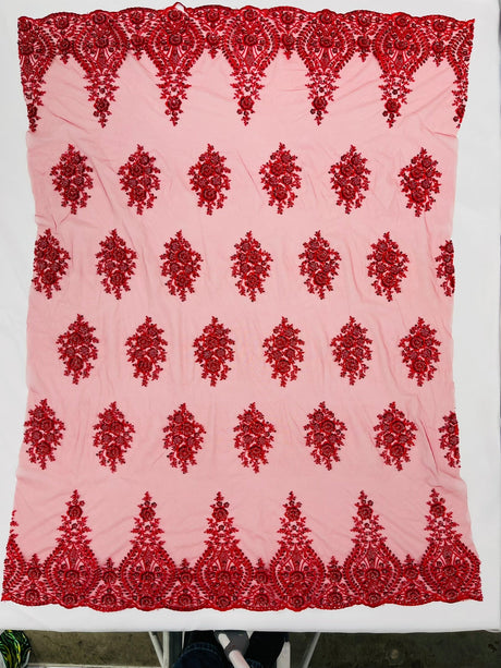 Classic Beaded Damask Lace Fabric - Beaded Damask Pattern, 54" Width (1 Yard)