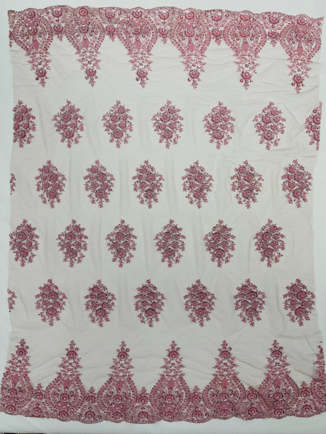 Classic Beaded Damask Lace Fabric - Beaded Damask Pattern, 54" Width (1 Yard)