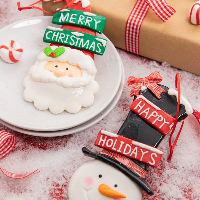 Clay Santa Snowman Christmas Ornament 5.75 Inch Festive Decor