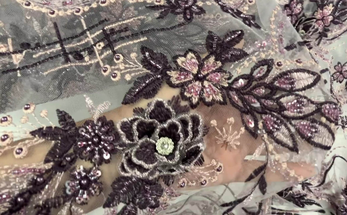 Beaded 3D Floral Lace Fabric