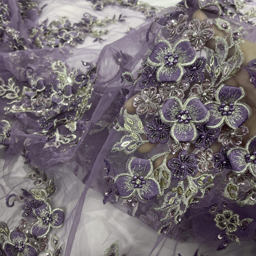 1 Yard 3D Beaded Floral Lace Fabric with Rhinestones – Embroidered Mesh with Scalloped Edges