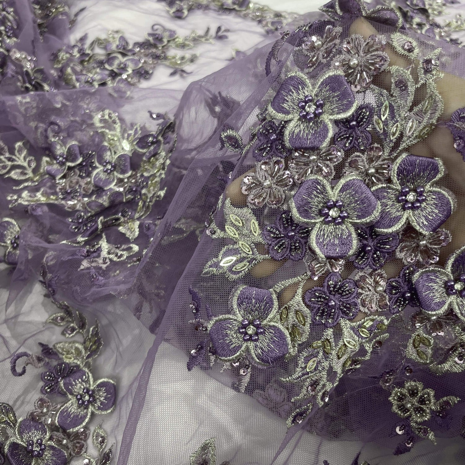 1 Yard 3D Beaded Floral Lace Fabric with Rhinestones, 51" Wide Embroidered Mesh