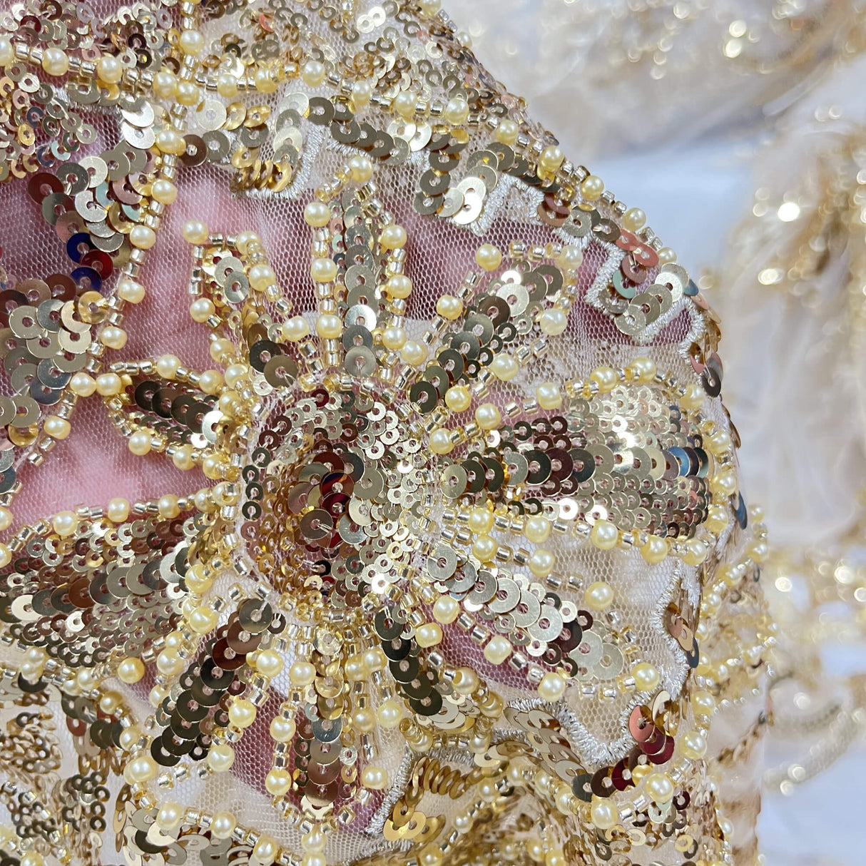 Beaded Lace Fabric on Polyester Net Mesh