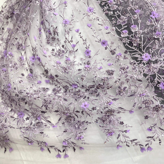 1 Yard Beaded 3D Floral Lace Fabric Rhinestone Embroidered 100 Percent Polyester Net Mesh 51 inch Width