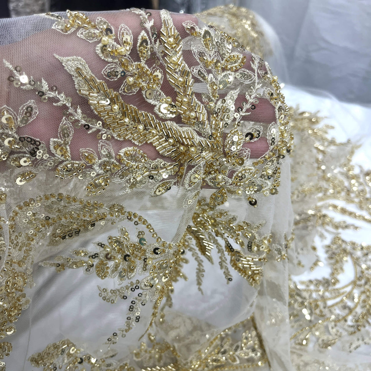 Embroidered Beaded Vine Leaf Lace