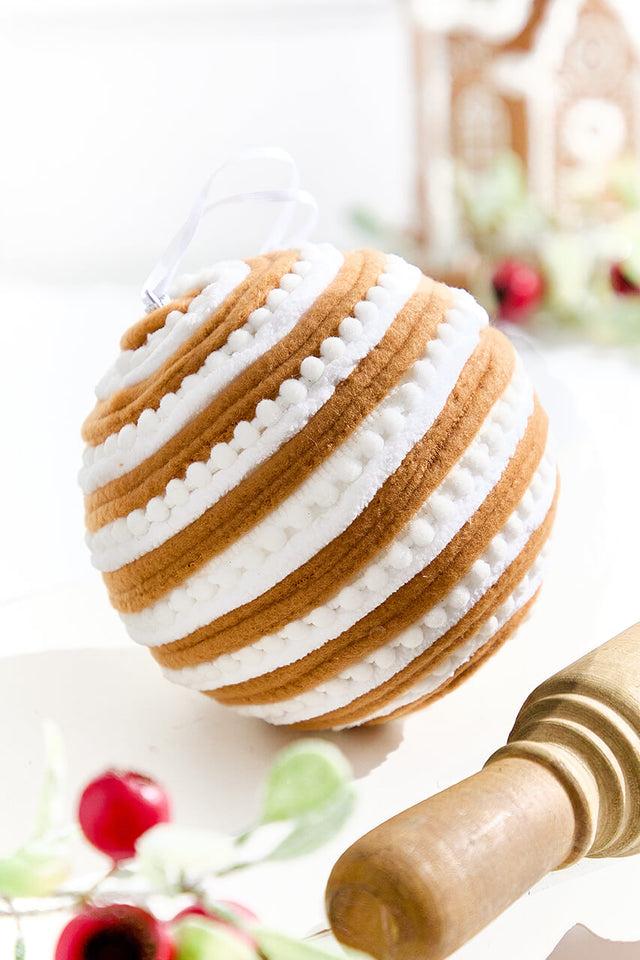 6" Brown and White Gingerbread Stripe Ball