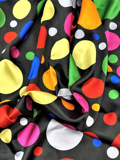 Multi Color Dots Polyester Satin Fabric - Black Multi Color Dots, 58" Width (1 Yard)
