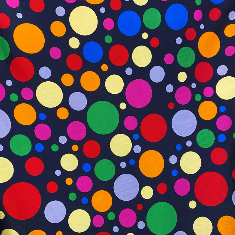 Multi Color Dots Polyester Satin Fabric - Black Multi Color Dots, 58" Width (1 Yard)