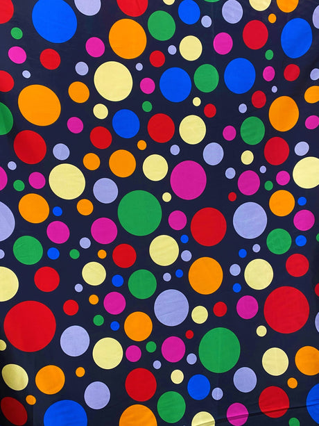Multi Color Dots Polyester Satin Fabric - Black Multi Color Dots, 58" Width (1 Yard)