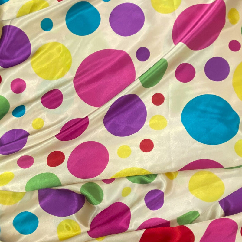 Multi Color Dots Polyester Satin Fabric - Dark Ivory, Multi Color Dots, 58" Width (1 Yard)