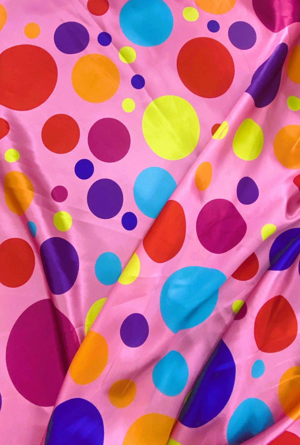 Multi Color Dots Polyester Satin Fabric - Candy Pink Multi Color Dots, 58" Width (1 Yard)