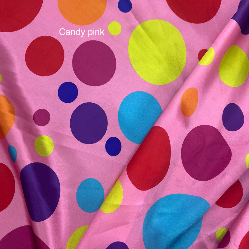 Multi Color Dots Polyester Satin Fabric - Candy Pink Multi Color Dots, 58" Width (1 Yard)