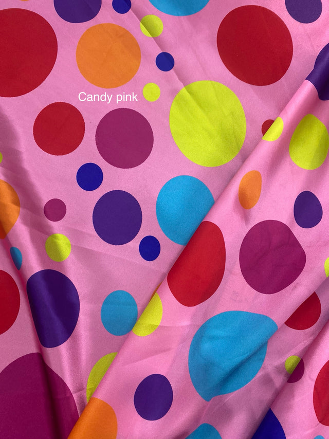 Multi Color Dots Polyester Satin Fabric - Candy Pink Multi Color Dots, 58" Width (1 Yard)